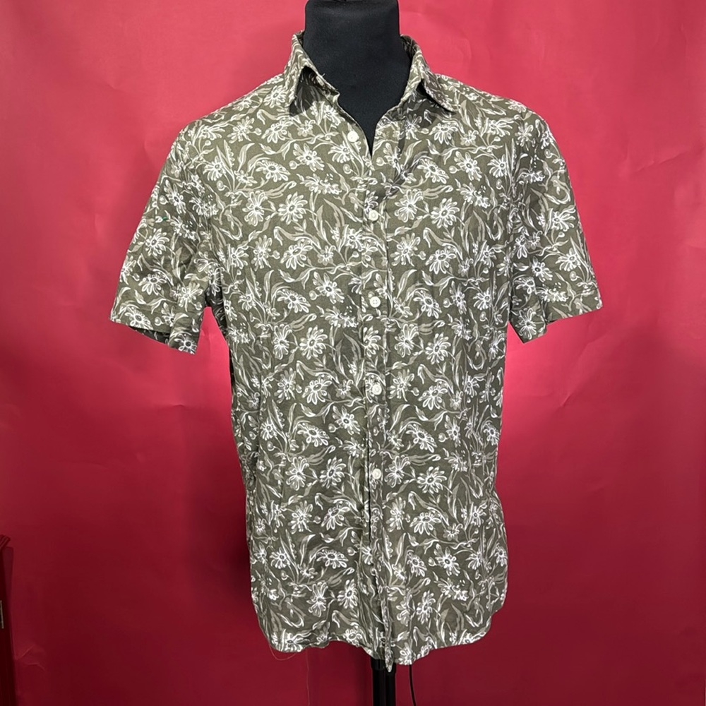 Express Slim Floral Linen Short Sleeve Shirt Size Medium